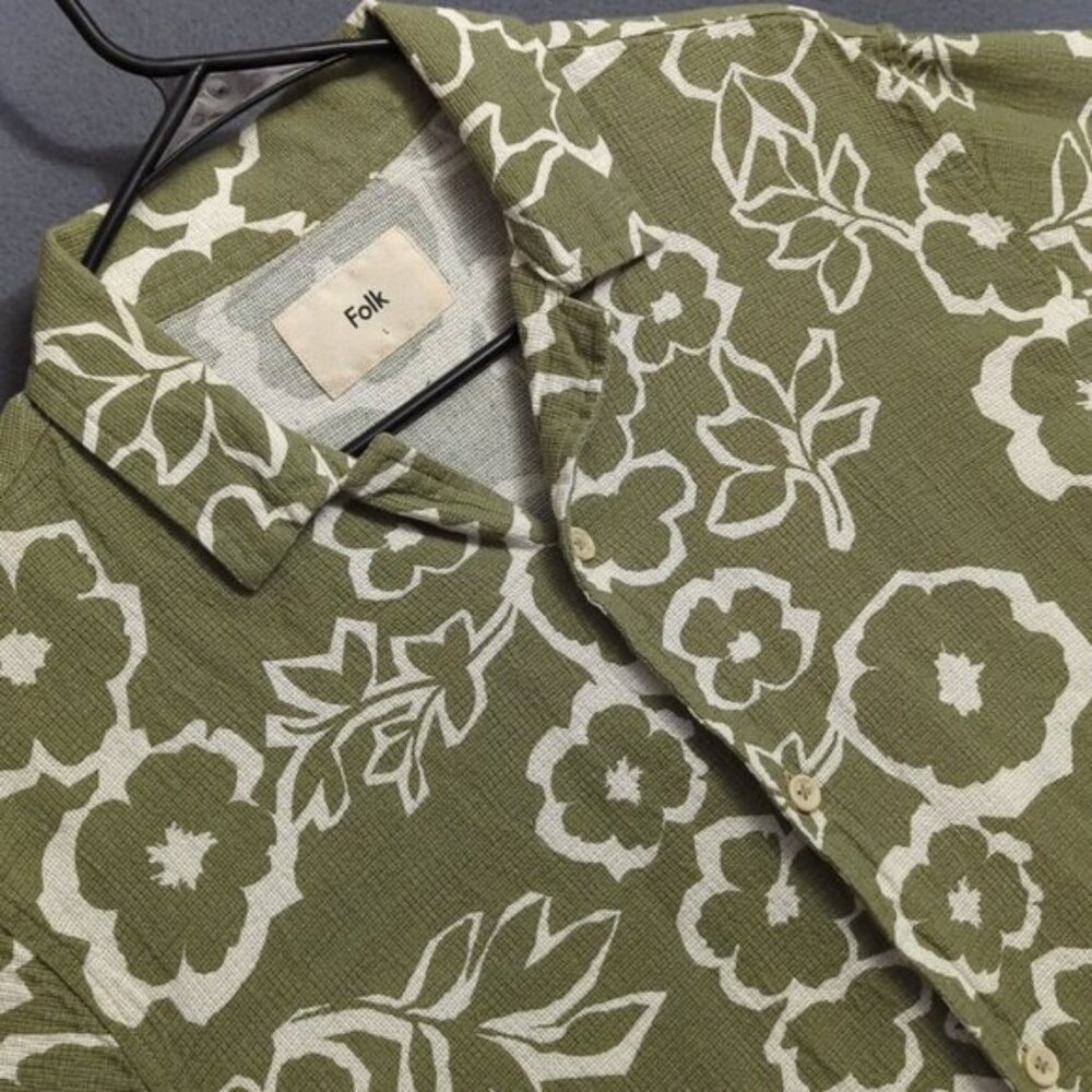 Folk Clothing Shirt Men's L Green Floral Hawaiian Camp Woven Cotton Short Sleeve